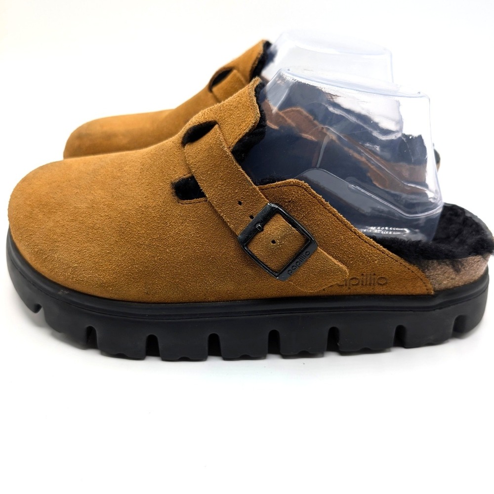 Papillio Birkenstock sz 9 Boston Chunky Platform Clogs Suede Shearling Mink 40